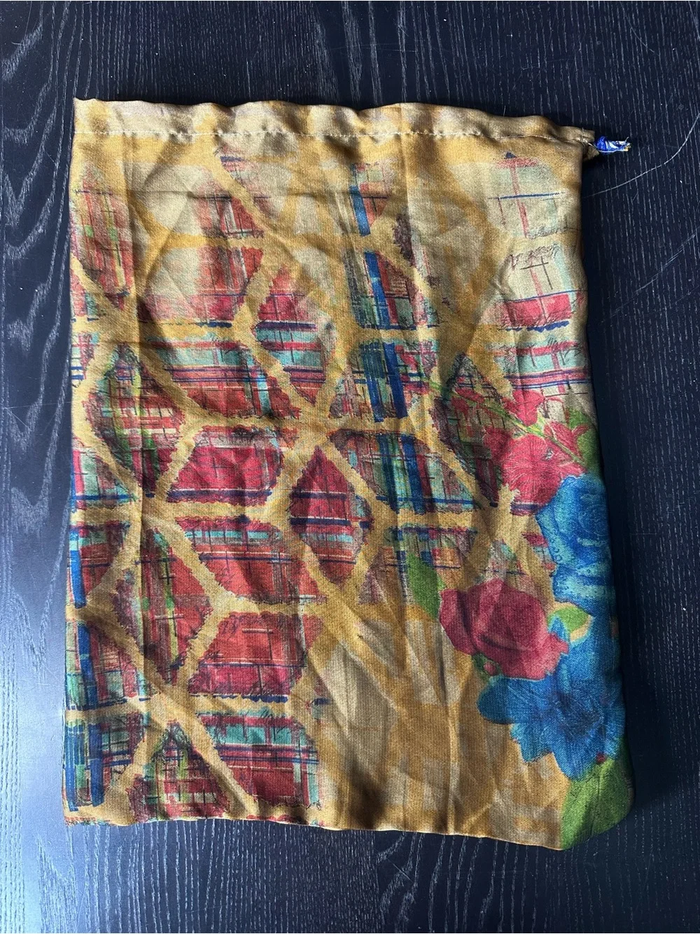 Gold Floral Drawstring Bag with Multicolored Accents - 15.5x11